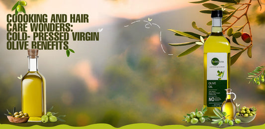 A bottle of Cold-Pressed Virgin Olive Oil, your natural companion for cooking and hair care. Pure, light, and promoting growth and well-being effortlessly.